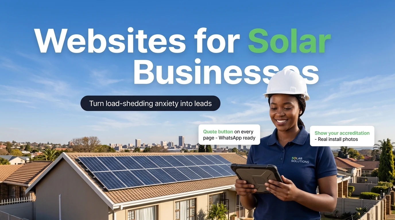 Solar installer holding a tablet in front of rooftop solar panels on a Johannesburg suburban home